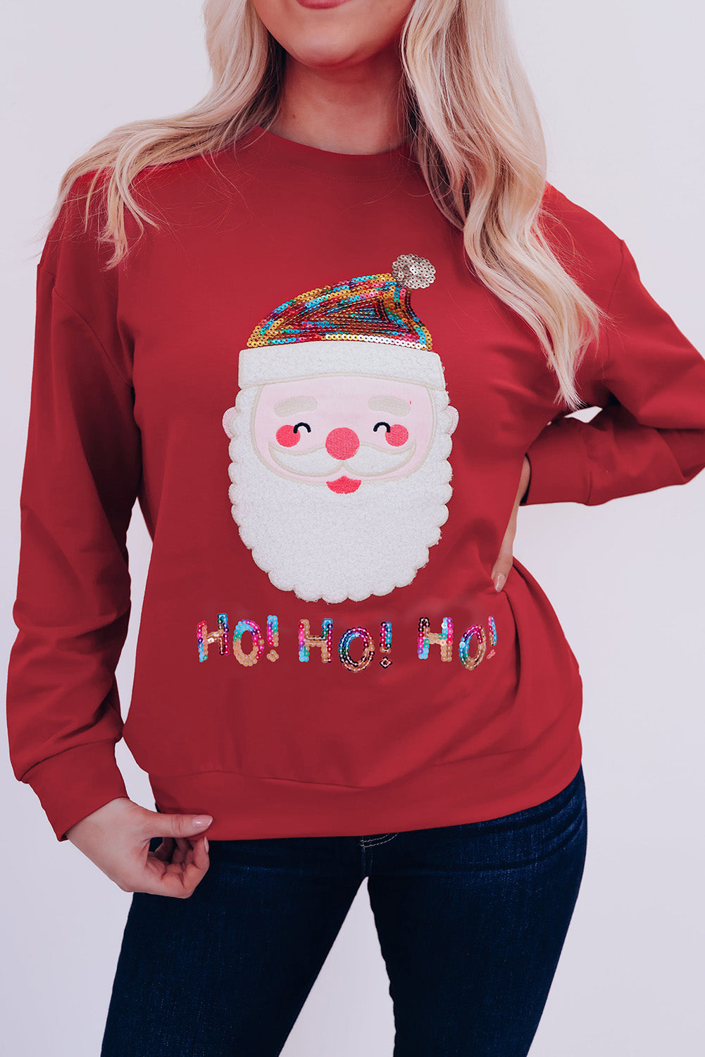 Fiery Red HO HO HO Sequined Santa Claus Sweatshirt Red-2 70%Polyester+30%Cotton Graphic Sweatshirts JT's Designer Fashion