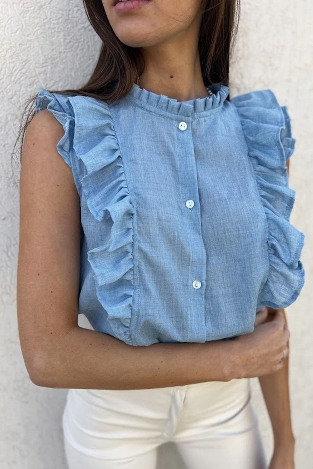 Sky Blue Ruffle Trim Soft Lightweight Sleeveless Shirt Sky Blue 100%Cotton Tank Tops JT's Designer Fashion