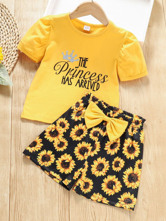 Girls Slogan Graphic Top and Sunflower Print Shorts Set Mustard Kids Sets JT's Designer Fashion