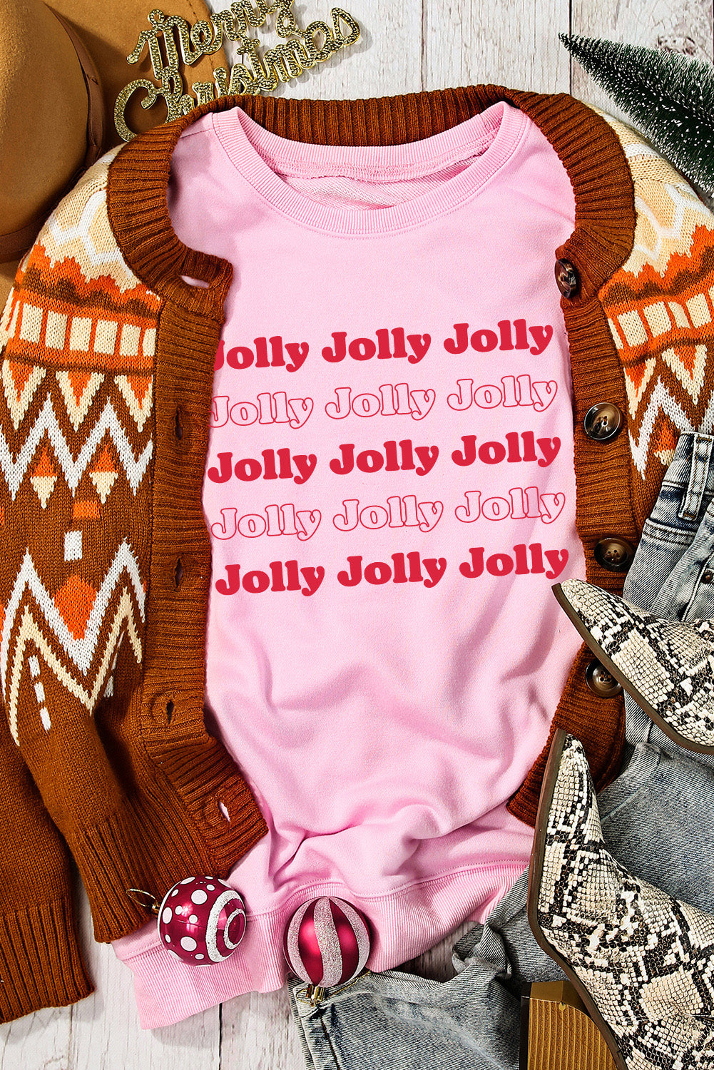 Pink Christmas Jolly Letter Print Pullover Sweatshirt Graphic Sweatshirts JT's Designer Fashion