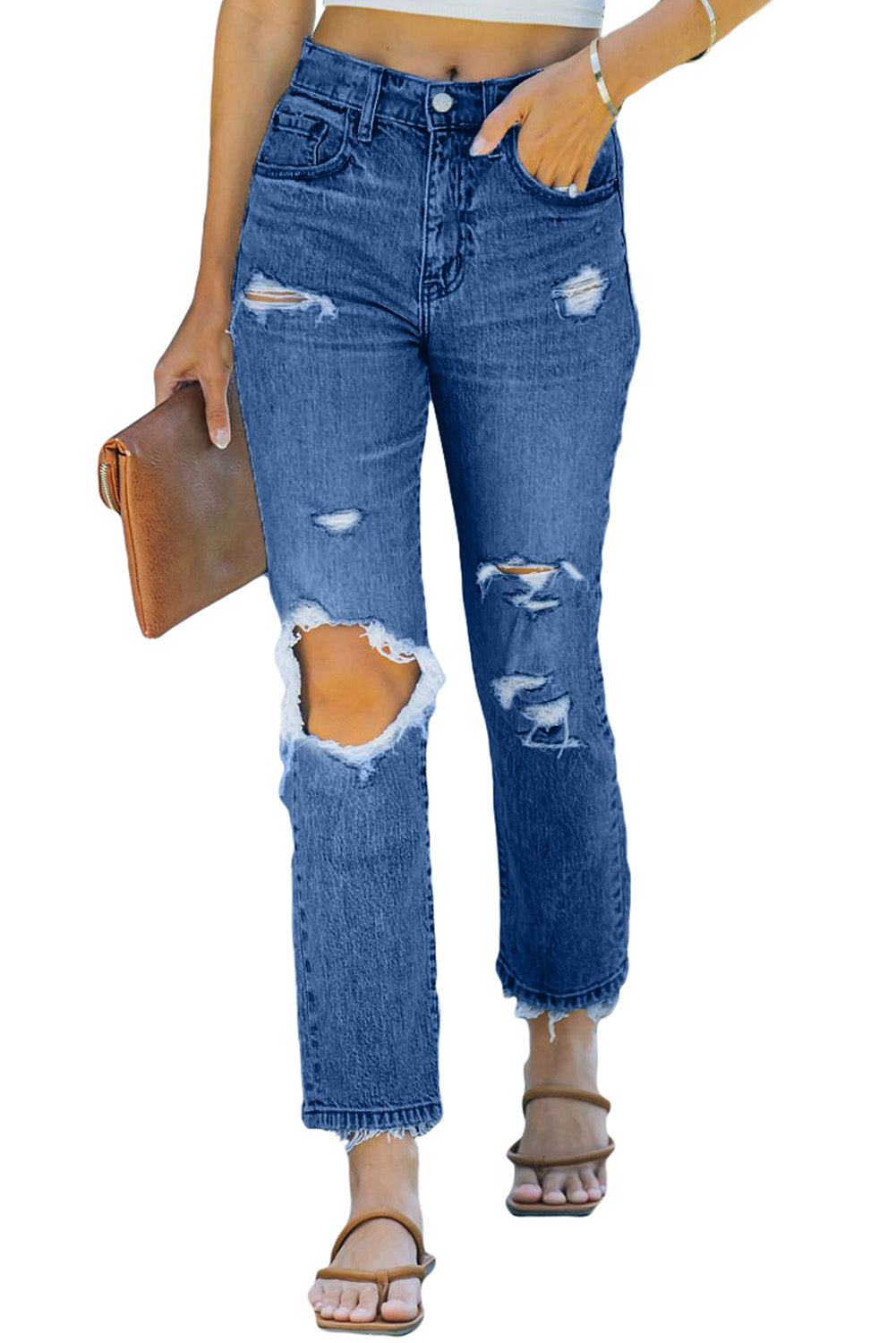 Dark Blue Distressed Holes Straight Jeans Jeans JT's Designer Fashion
