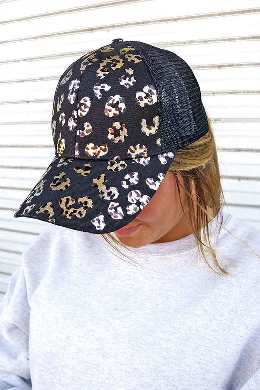 Black Criss Cross Mesh Patchwork Leopard Baseball Cap Hats & Caps JT's Designer Fashion