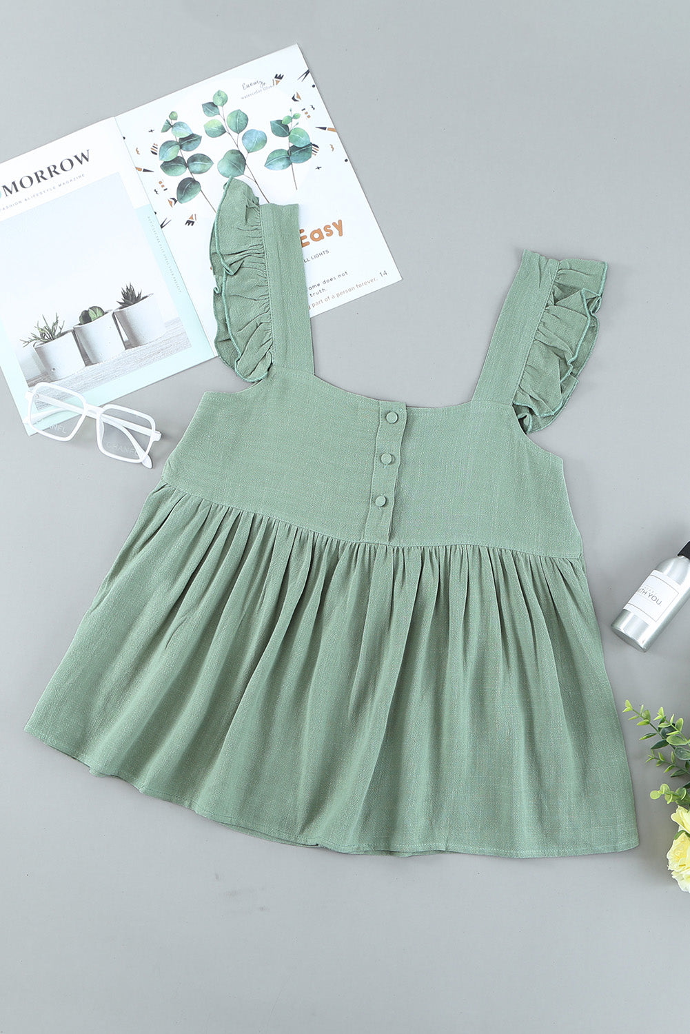 Green Flutter Shoulder Babydoll Top Tank Tops JT's Designer Fashion