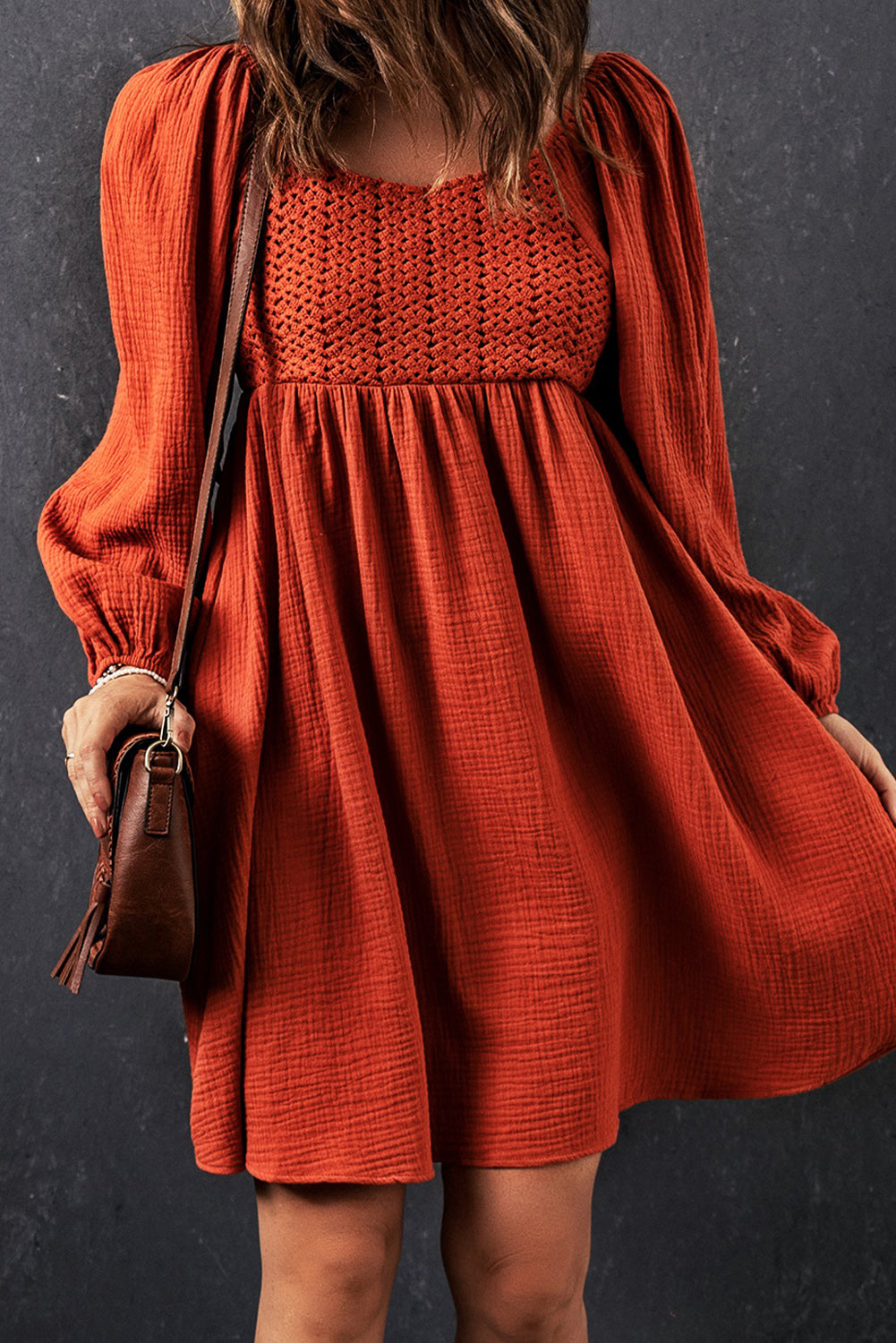 Brown Textured Front Crochet Babydoll Dress Mini Dresses JT's Designer Fashion