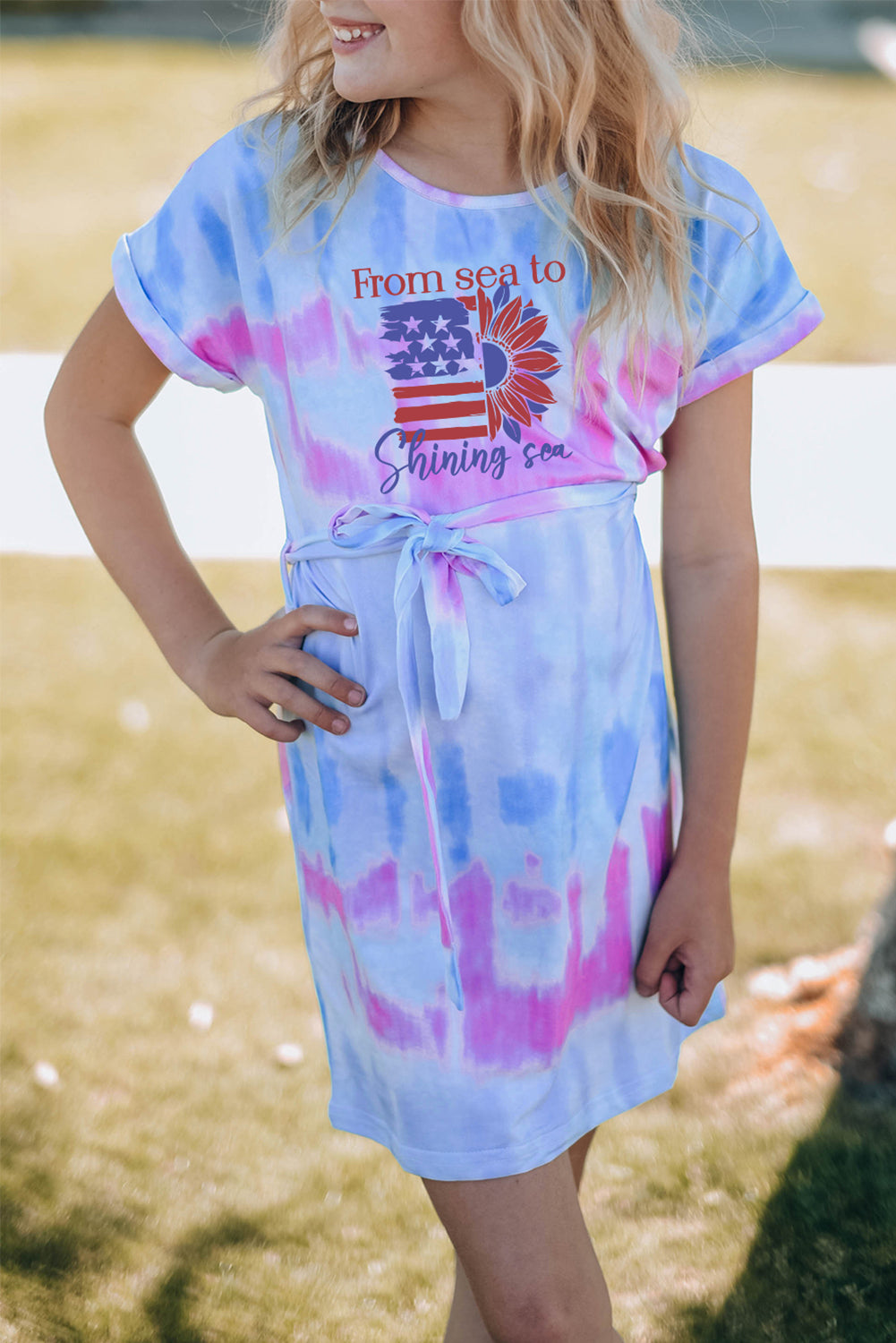 Multicolor American Flag Sunflower Tie Dye Print Girl's Mini Dress Multicolor 95%Polyester+5%Spandex Family Dress JT's Designer Fashion