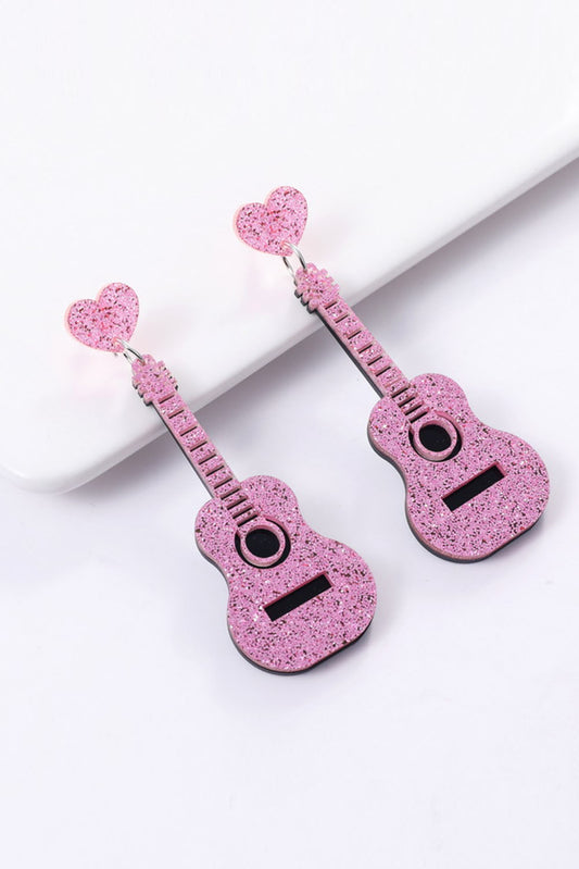 Barbie Style Pink Shiny Guitar Love Music Festival Heart Stud Earrings Jewelry JT's Designer Fashion