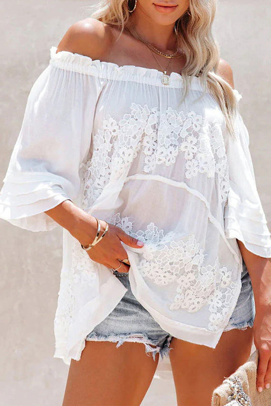 White Off The Shoulder Flare Sleeve Crochet Tunic Blouses & Shirts JT's Designer Fashion