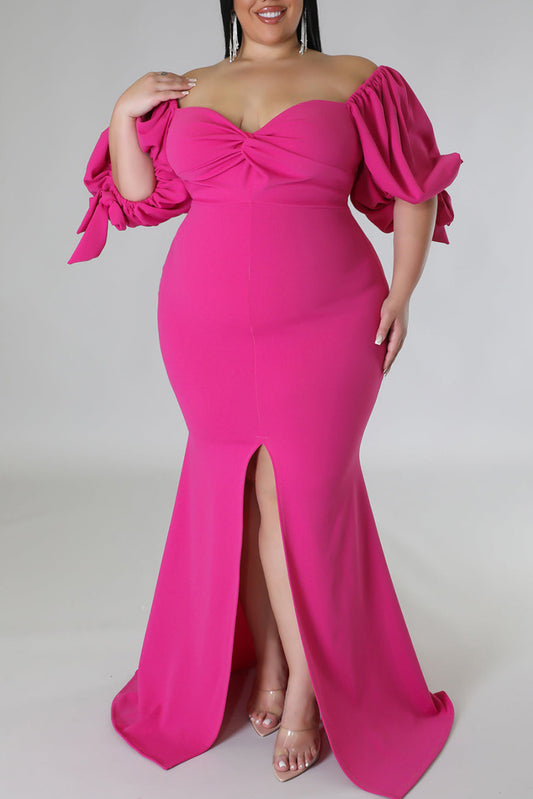 Rose Bow Tie Puff Sleeve Plus Size High Slit Maxi Dress Plus Size JT's Designer Fashion