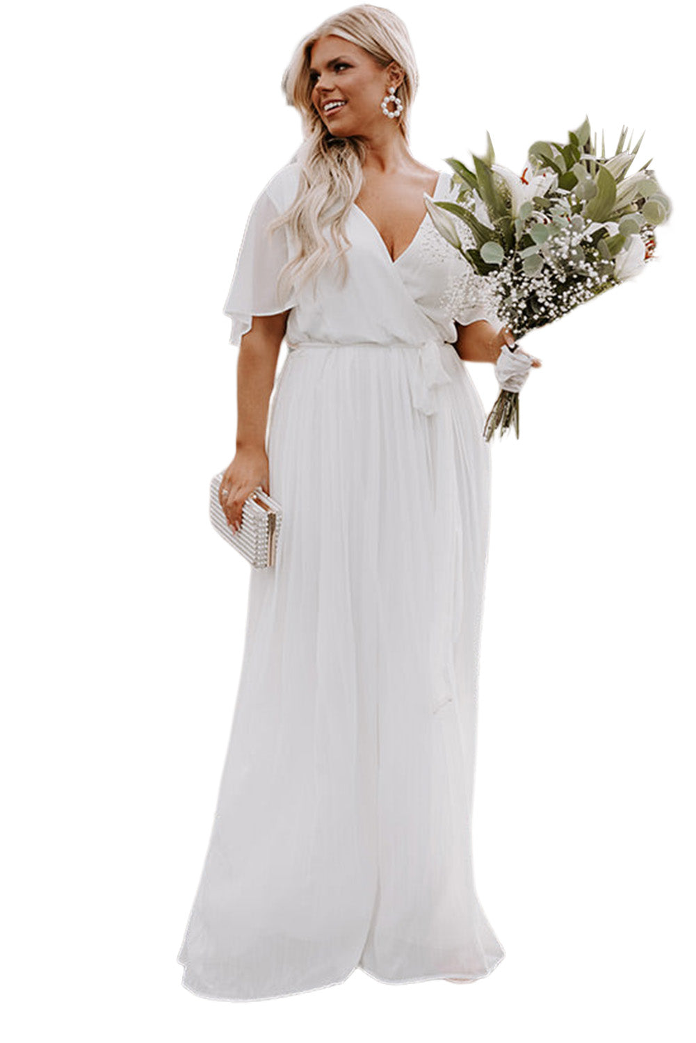 White Wrap V Neck Belted Plus Size Flowy Maxi Dress Plus Size Dresses JT's Designer Fashion
