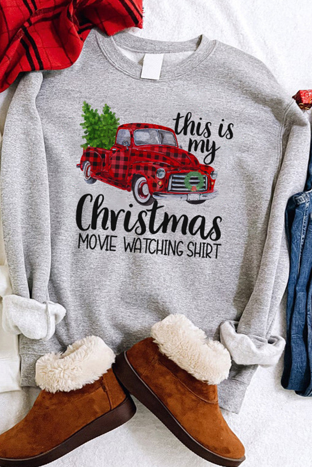Gray Christmas Letter Plaid Car Graphic Print Pullover Sweatshirt Graphic Sweatshirts JT's Designer Fashion