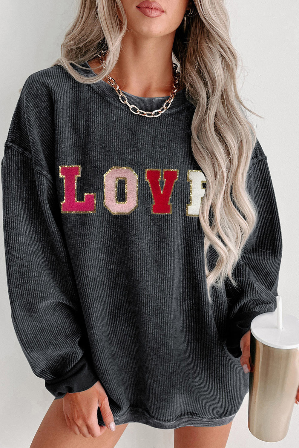 Black Glitter LOVE Letter Graphic Corded Baggy Sweatshirt Black 100%Polyester Graphic Sweatshirts JT's Designer Fashion