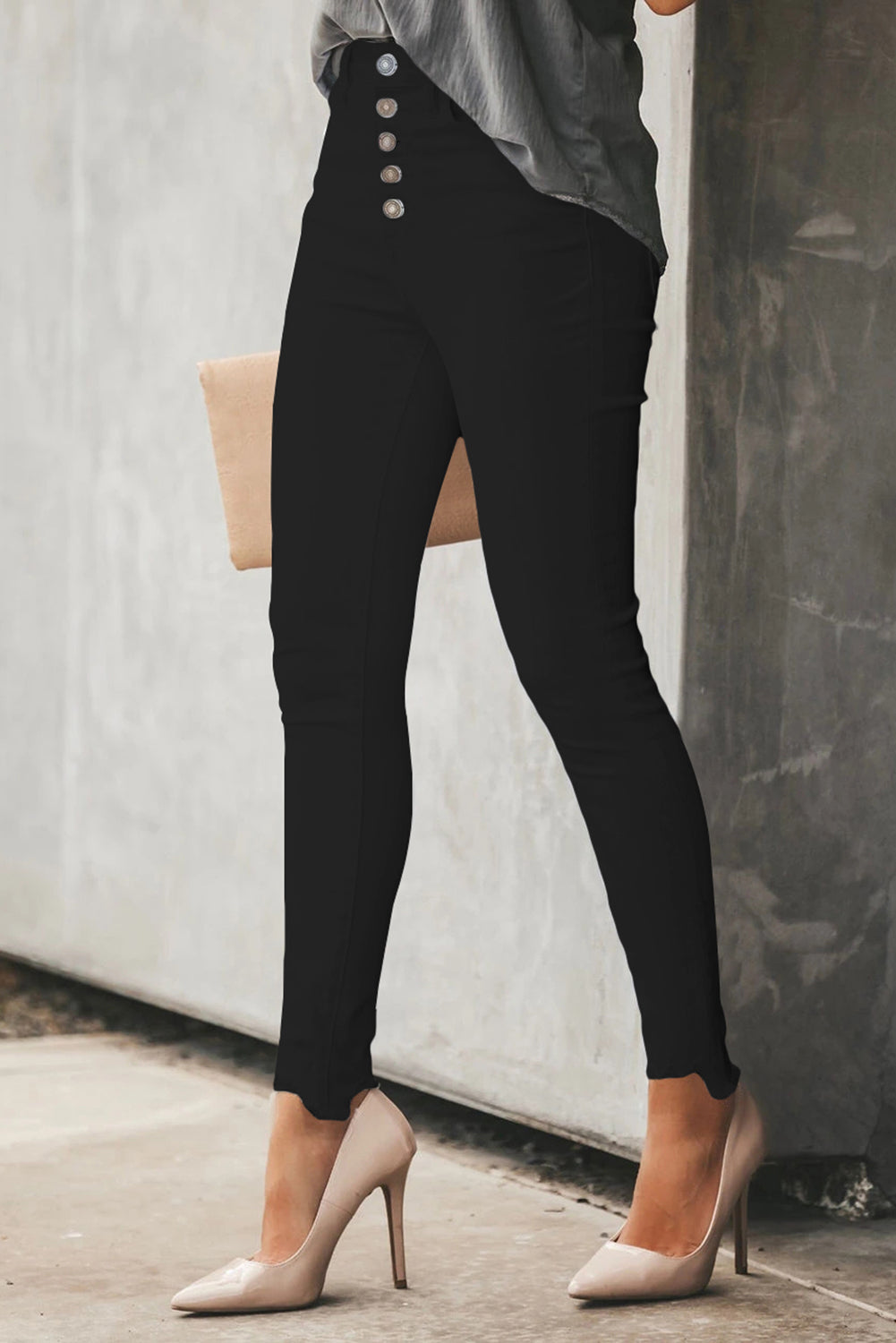 Black Plain High Waist Buttons Frayed Cropped Denim Jeans Jeans JT's Designer Fashion