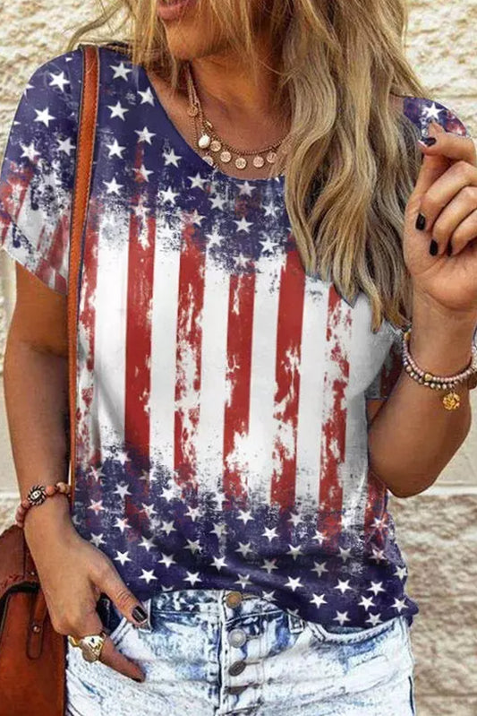 Red American Flag Inspired Bleached Print Short Sleeve Tee Tops & Tees JT's Designer Fashion