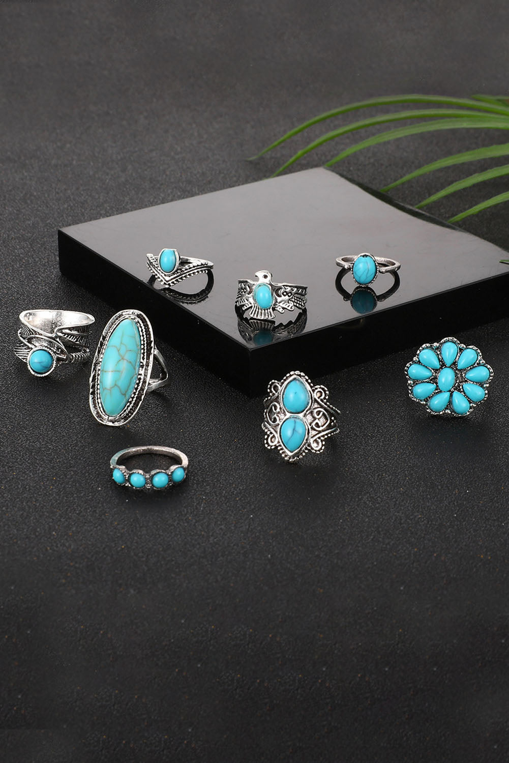 Green Vintage Western Turquoise 8-piece Ring Set Jewelry JT's Designer Fashion