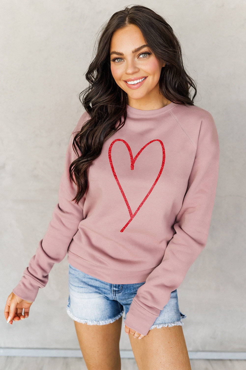 Pink Heart Glitter Graphic Raglan Pullover Sweatshirt Graphic Sweatshirts JT's Designer Fashion