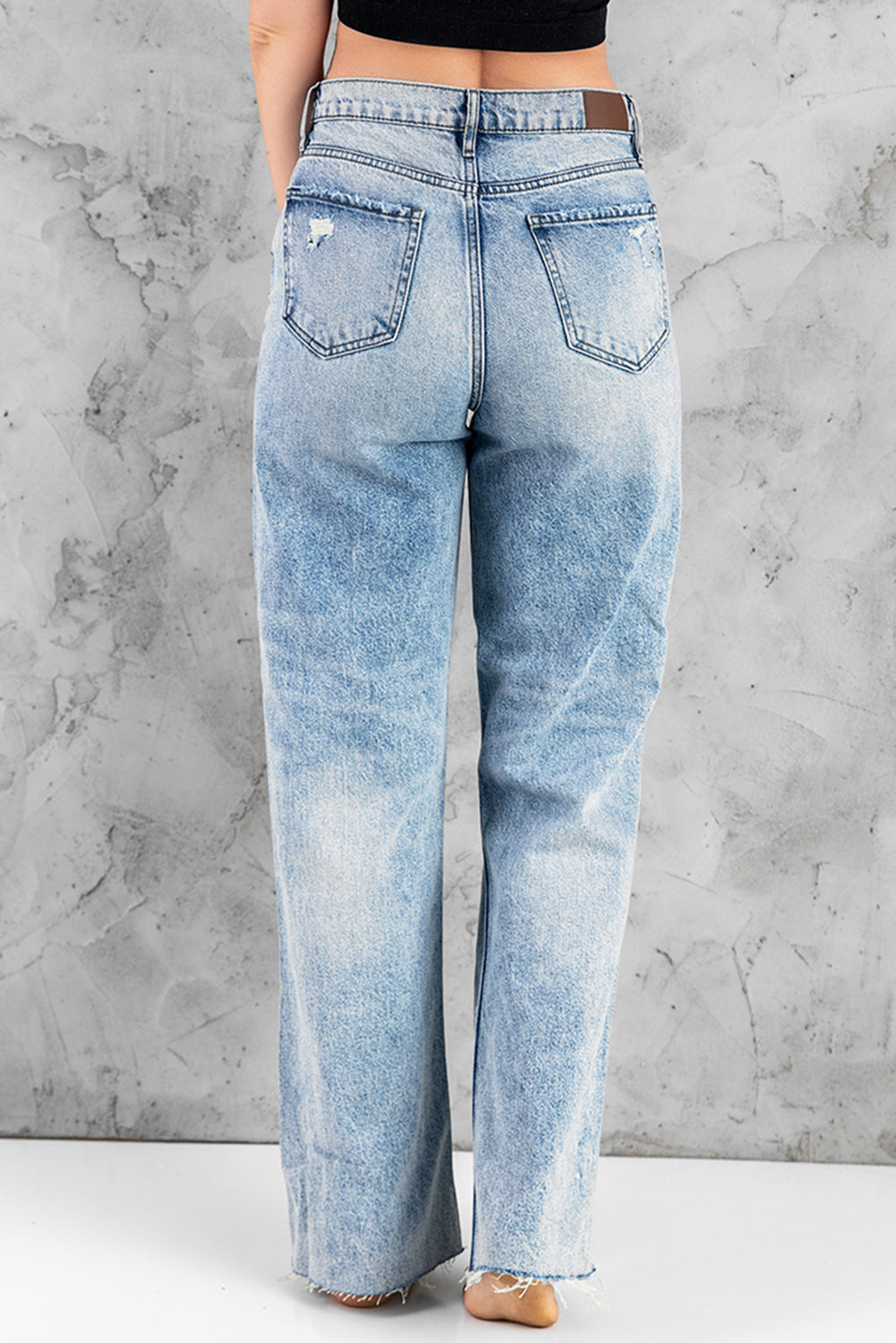 Sky Blue Distressed Hollow-out Knees Wide Leg Jeans Jeans JT's Designer Fashion