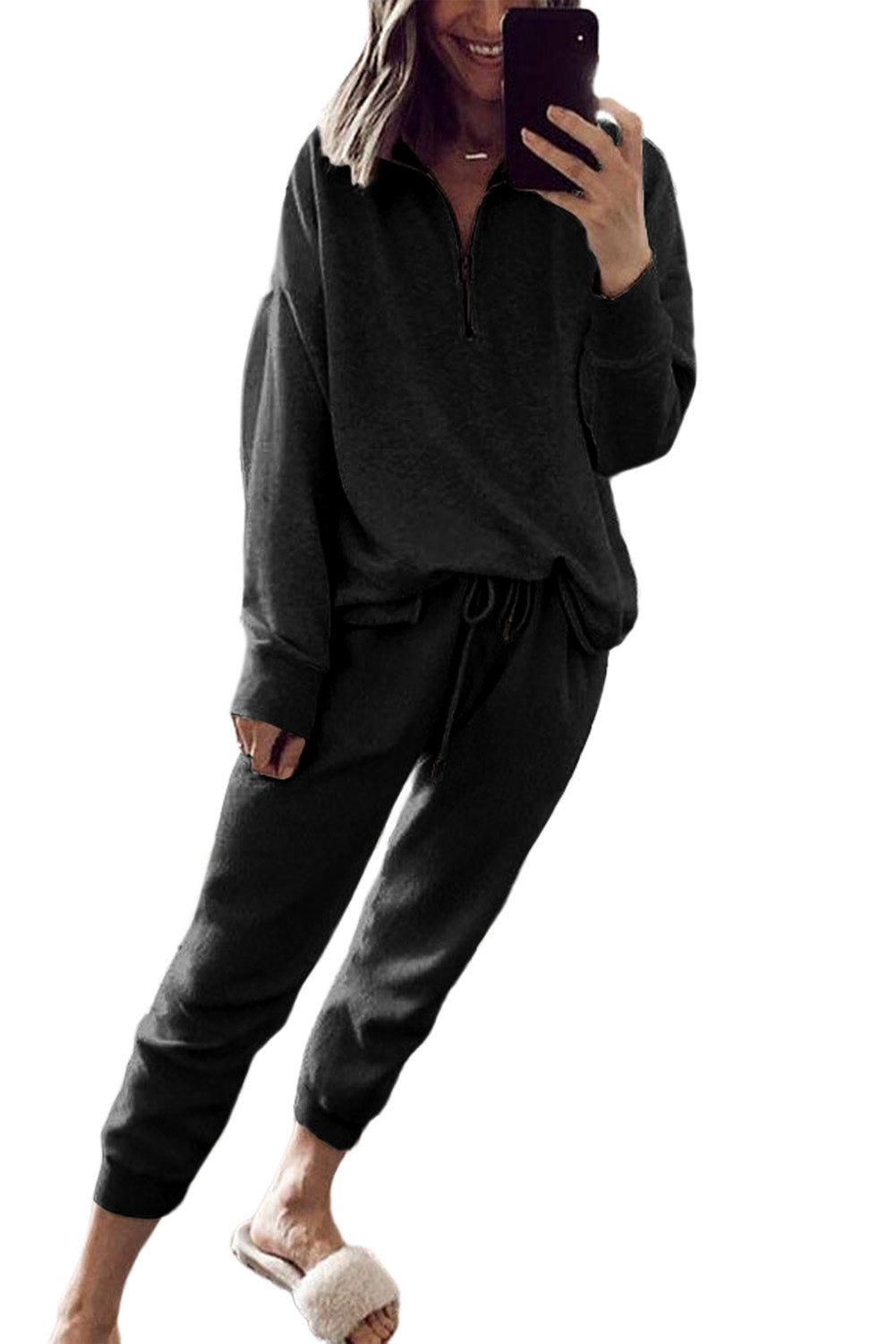Black Solid Half Zipped Drawstring High Waist Lounge Set Loungewear JT's Designer Fashion