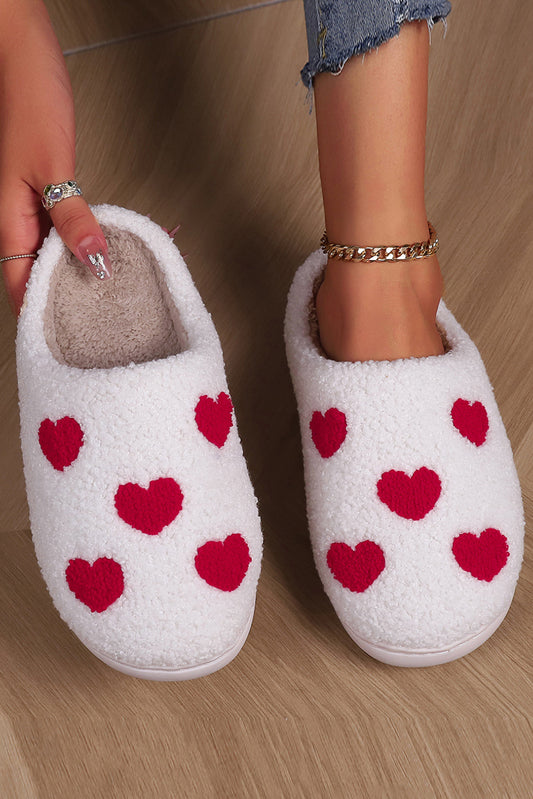 White Valentines Day Hearts Print Plush House Slippers Slippers JT's Designer Fashion