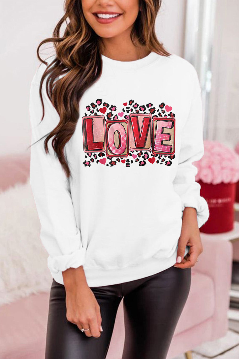 Beige LOVE Leopard Graphic Crew Neck Sweatshirt Beige 70%Polyester+30%Cotton Graphic Sweatshirts JT's Designer Fashion