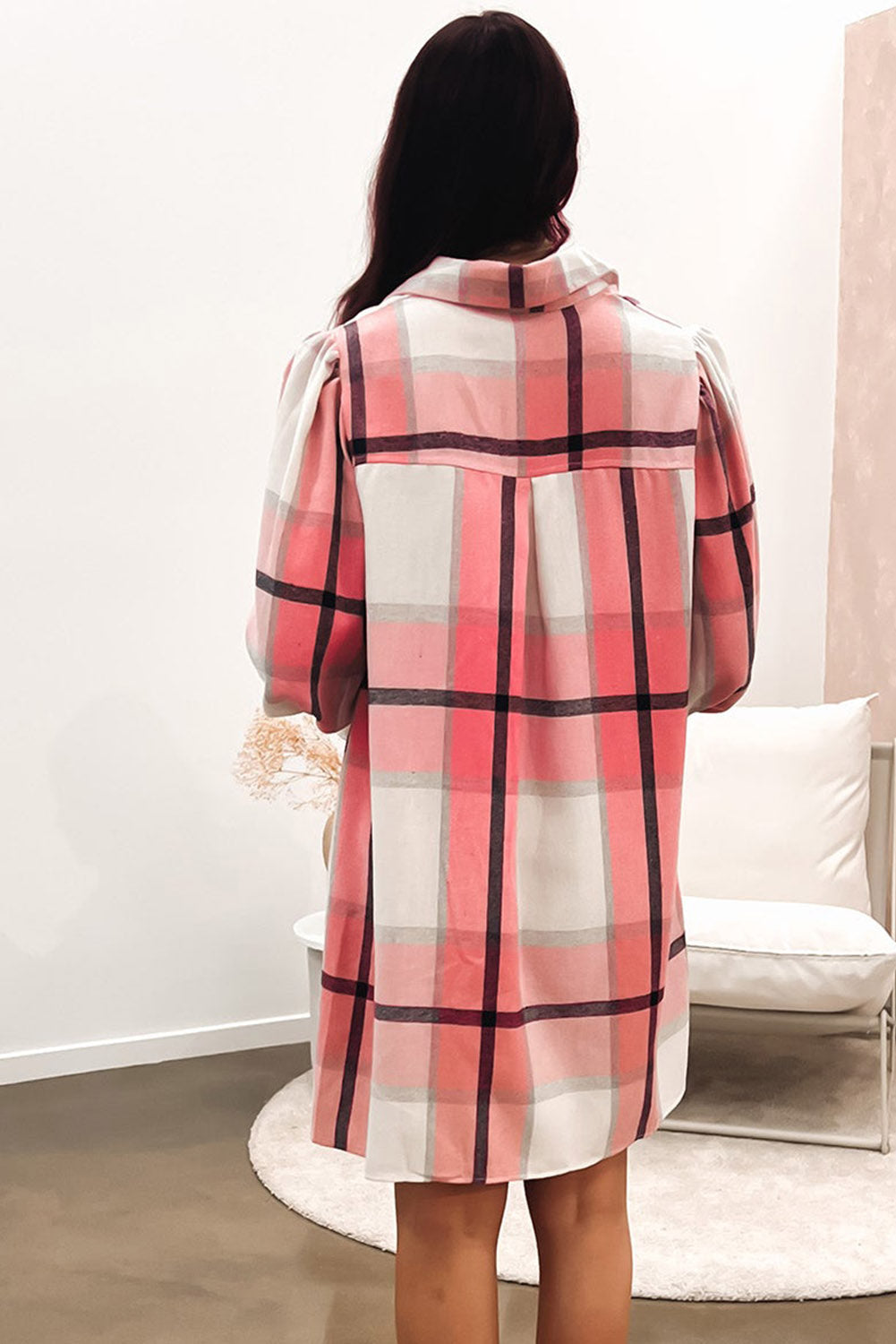Pink Plaid Pattern Collared Neck Ruffled Sleeve Shirt Dress Dresses JT's Designer Fashion