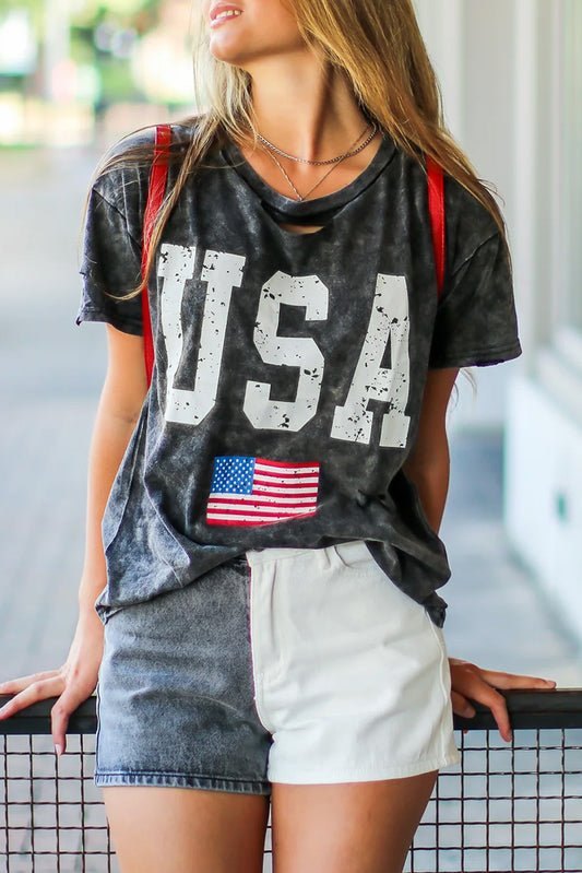 Black Distressed Tie-dye USA Flag Print T-shirt Tops & Tees JT's Designer Fashion