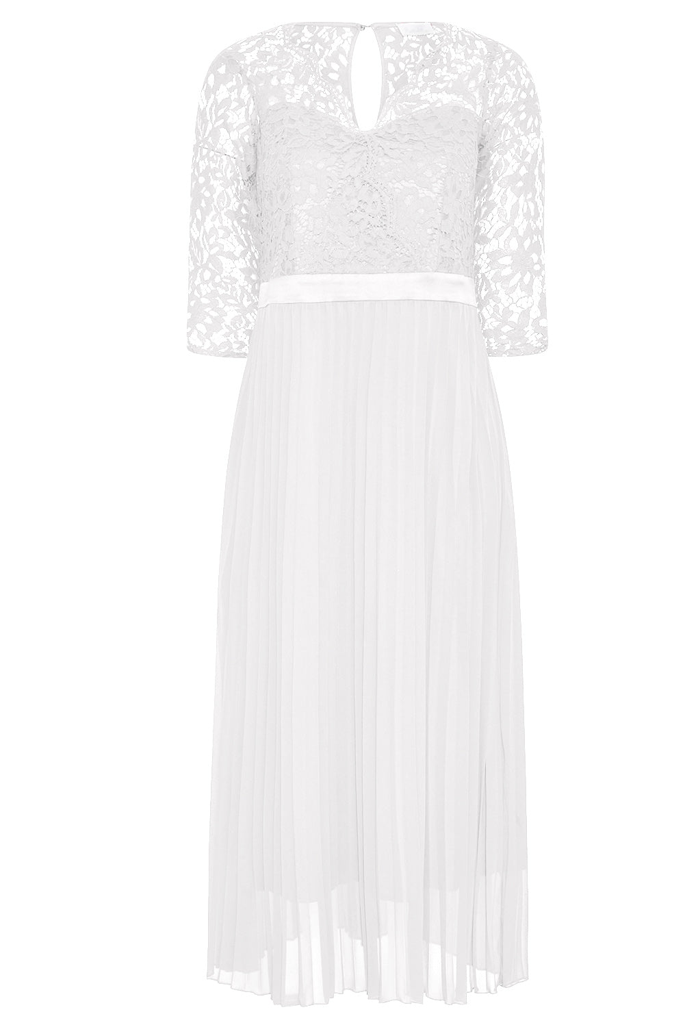 White Lace Scalloped V Neck 3/4 Sleeves Pleated Tulle Plus Maxi Dress Plus Size Dresses JT's Designer Fashion