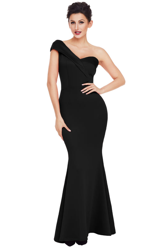 Black Sexy One Shoulder Ponti Gown Black 95%Polyester+5%Spandex Evening Dresses JT's Designer Fashion