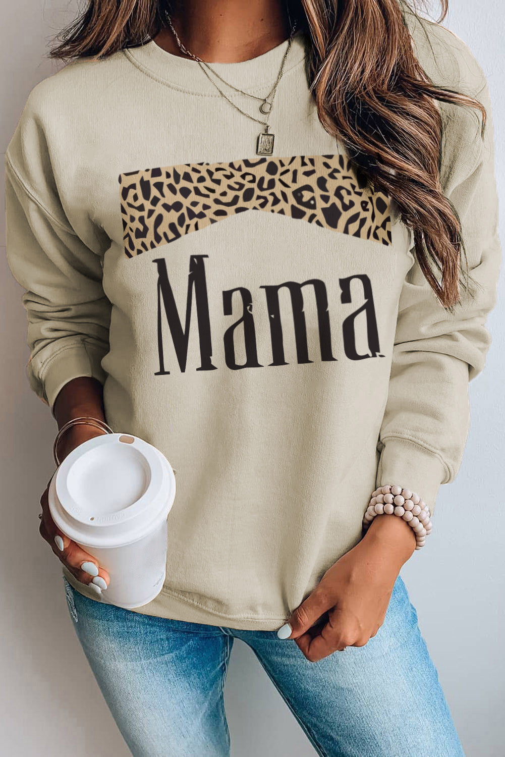 Khaki Mama Leopard Print Crewneck Pullover Sweatshirt Graphic Sweatshirts JT's Designer Fashion