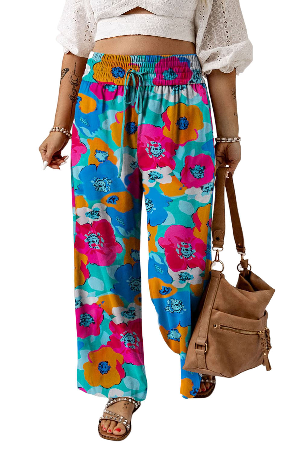 Multicolor Plus Size Abstract Floral Print Wide Leg Pants Plus Size Bottoms JT's Designer Fashion