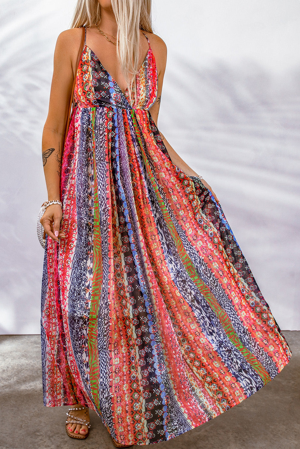 Multicolor Sling V-Neck Backless Boho Maxi Dress Multicolor 100%Polyester Maxi Dresses JT's Designer Fashion