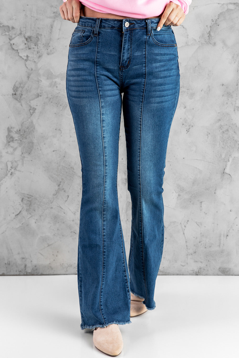 Blue Raw Hem Flared Jeans with Pockets Blue 73%Cotton+25.5%Polyester+1.5%Elastane Jeans JT's Designer Fashion
