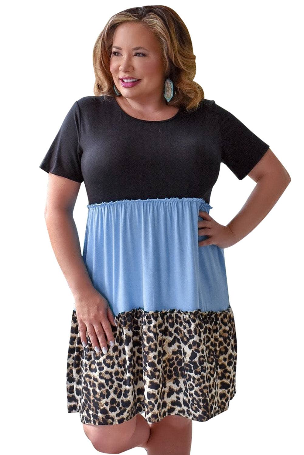 Sky Blue Colorblock Leopard Patchwork T Shirt Plus Size Dress Plus Size Dresses JT's Designer Fashion