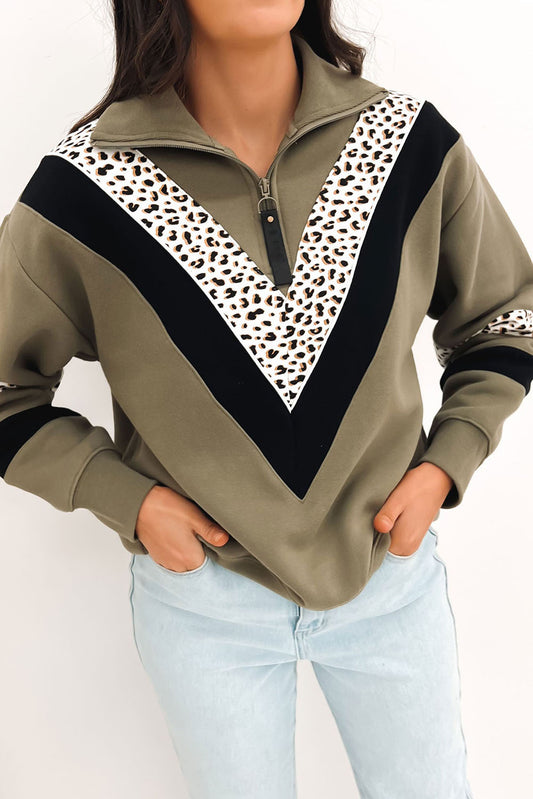 Green Leopard Contrast Splicing Quarter Zip Sweatshirt Pre Order Sweatshirts & Hoodies JT's Designer Fashion
