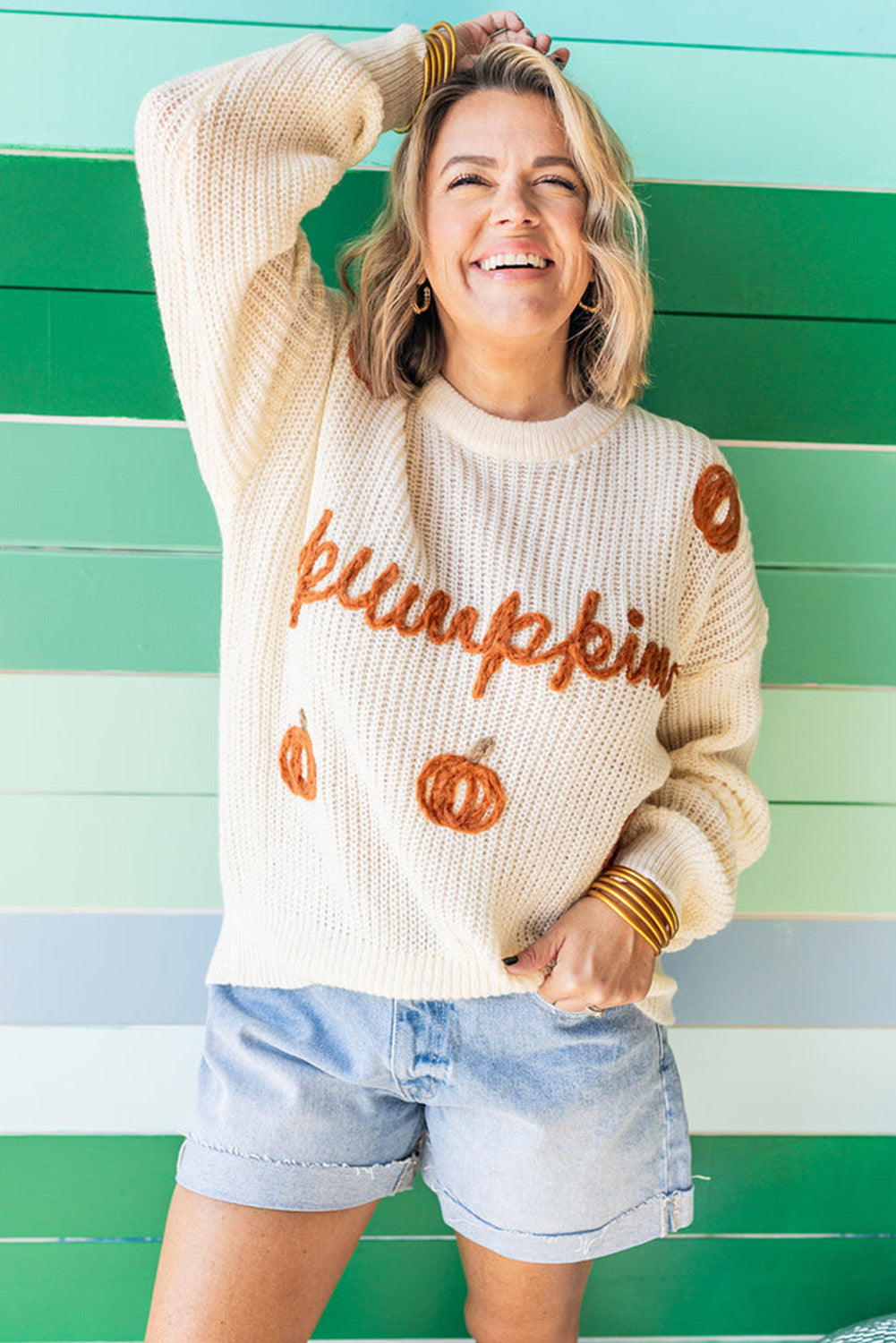 Beige Plus Size Pumpkin Graphic Crew Neck Sweater Pre Order Plus Size JT's Designer Fashion