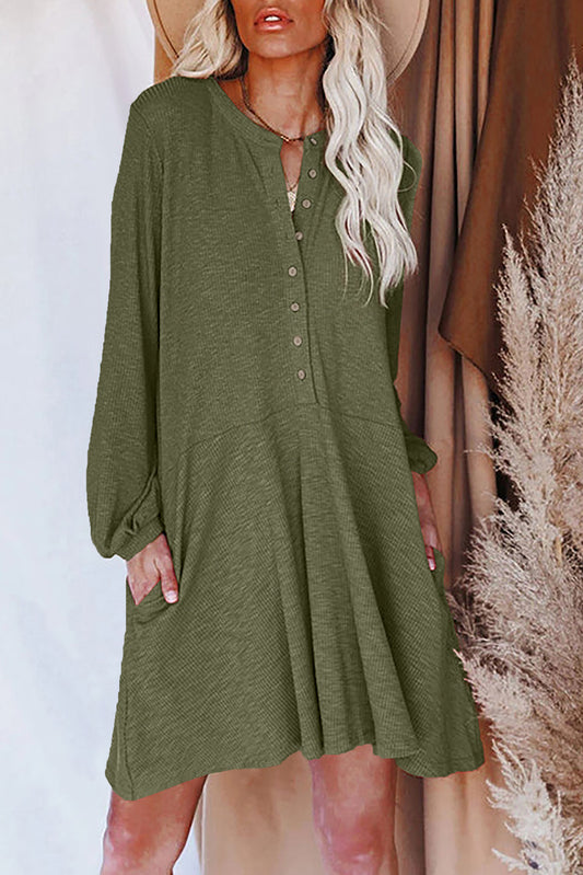 Green Ribbed Long Sleeve Half Button A-line Dress Dresses JT's Designer Fashion
