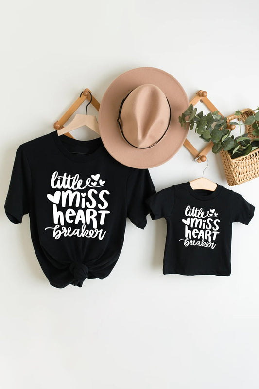 Black Little Miss Heart Breaker Printed Short Sleeve T Shirt Black 95%Cotton+5%Elastane Family T-shirts JT's Designer Fashion