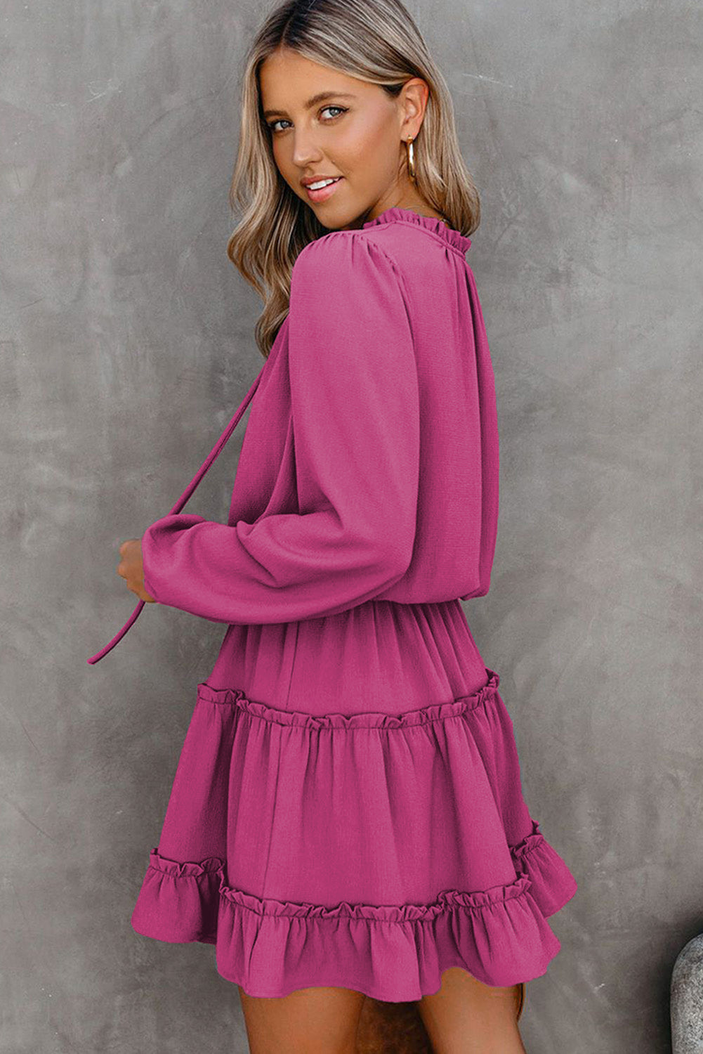 Rose V Neck Long Sleeve Ruffle Tiered Mini Dress Mini Dresses JT's Designer Fashion