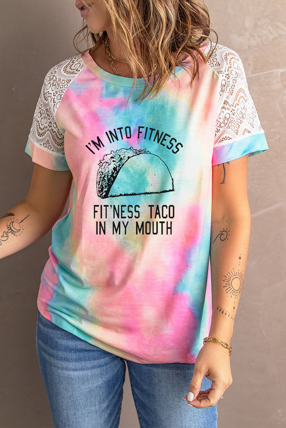Multicolor Fitness Taco in My Mouth Graphic Tie Dye Lace Sleeve T-Shirt Graphic Tees JT's Designer Fashion