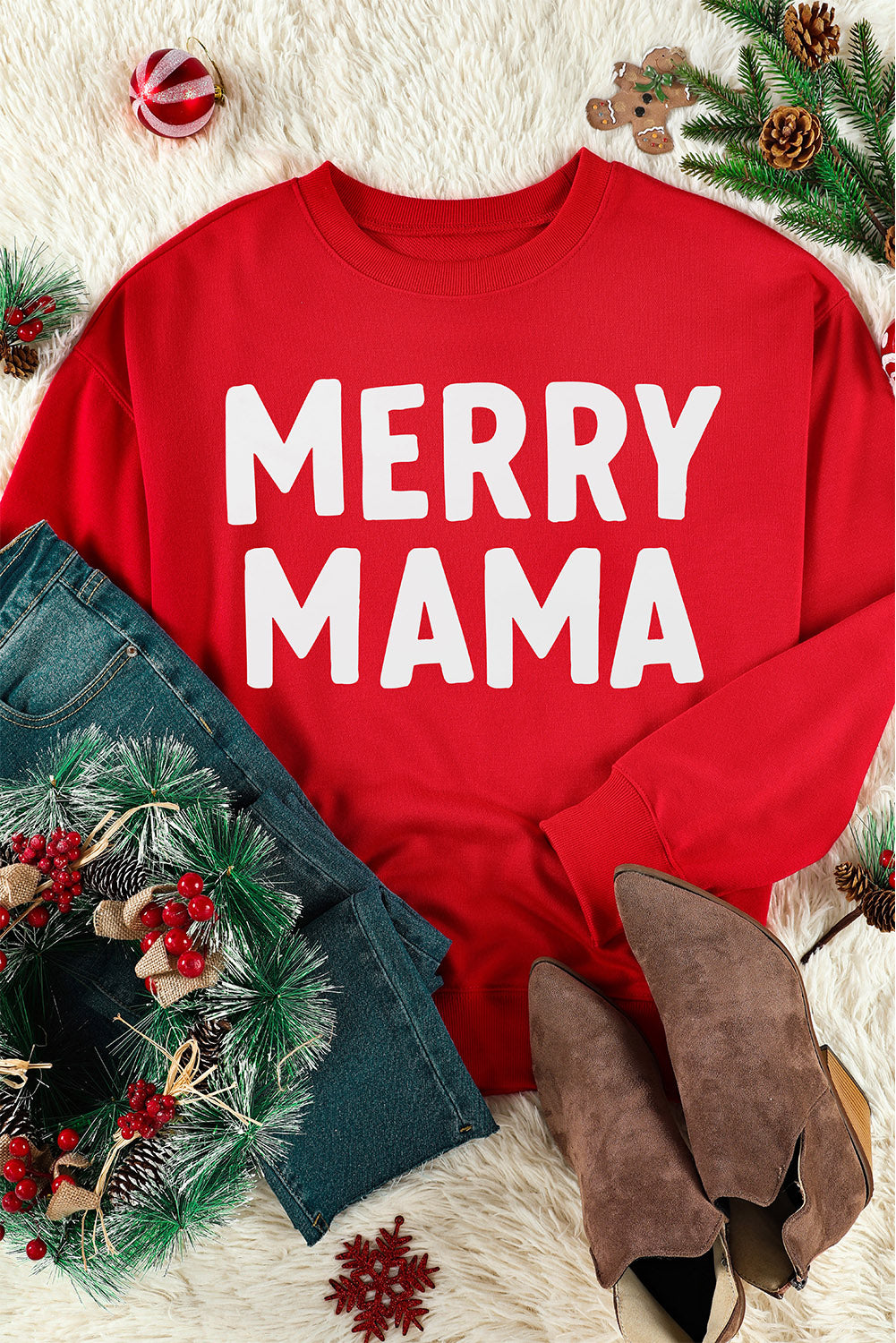 Fiery Red MERRY MAMA Long Sleeve Pullover Sweatshirt Red-2 70%Polyester+30%Cotton Graphic Sweatshirts JT's Designer Fashion