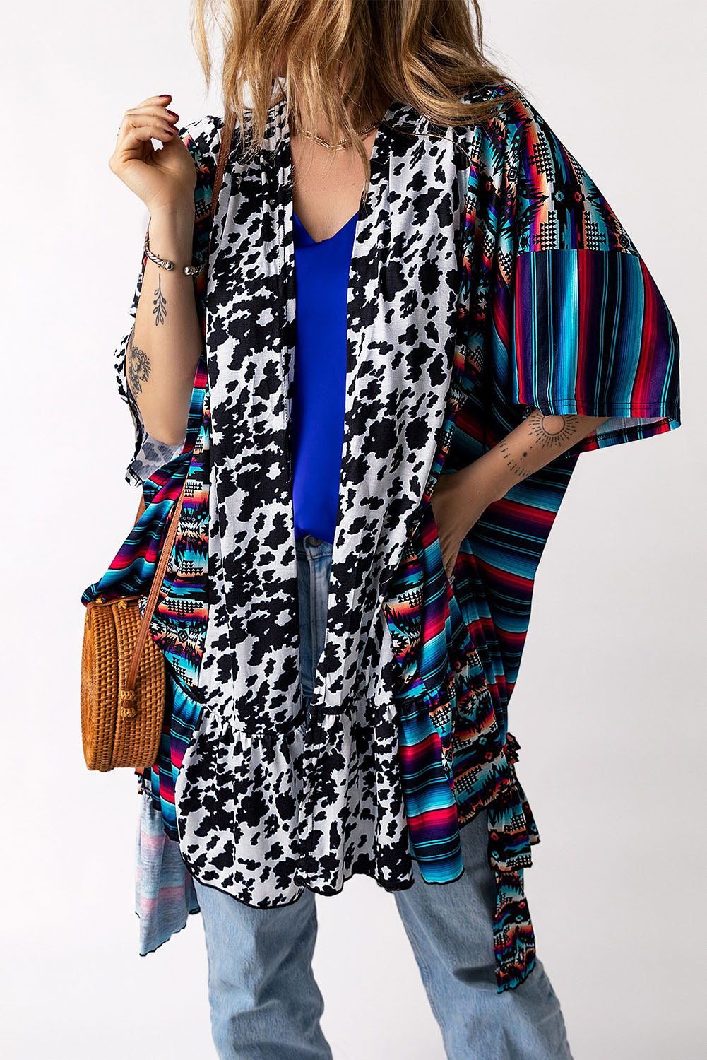 Multicolor Cow Serape Aztec Print Kimono Cardigan Kimonos JT's Designer Fashion