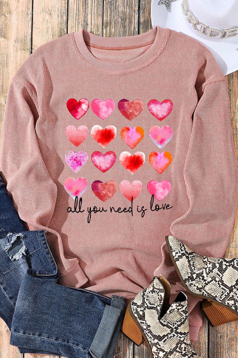 Pink Valentine Heart Shape Graphic Corded Sweatshirt Graphic Sweatshirts JT's Designer Fashion