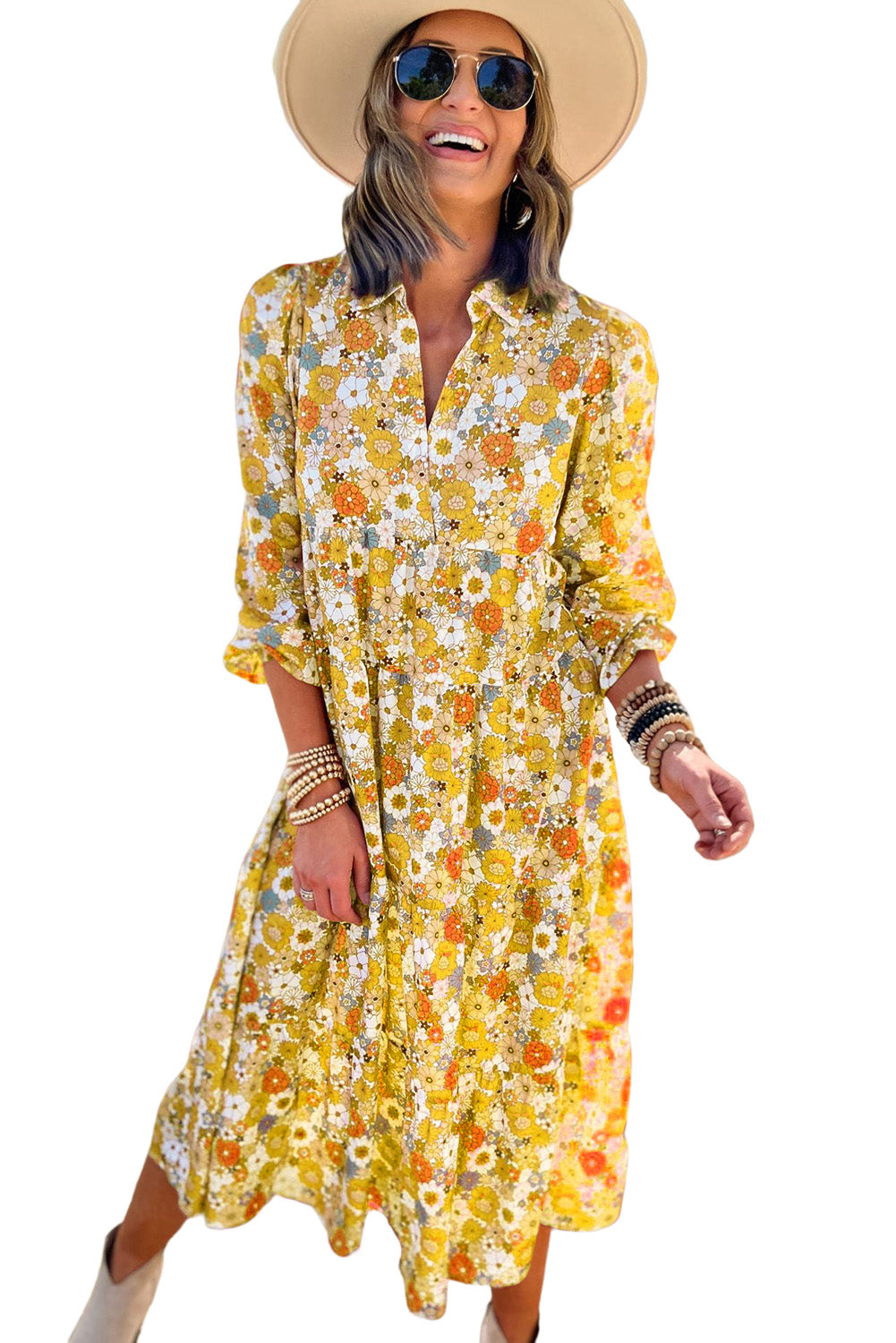 Yellow Boho Floral Collared Long Sleeve Ruffled Dress Dresses JT's Designer Fashion
