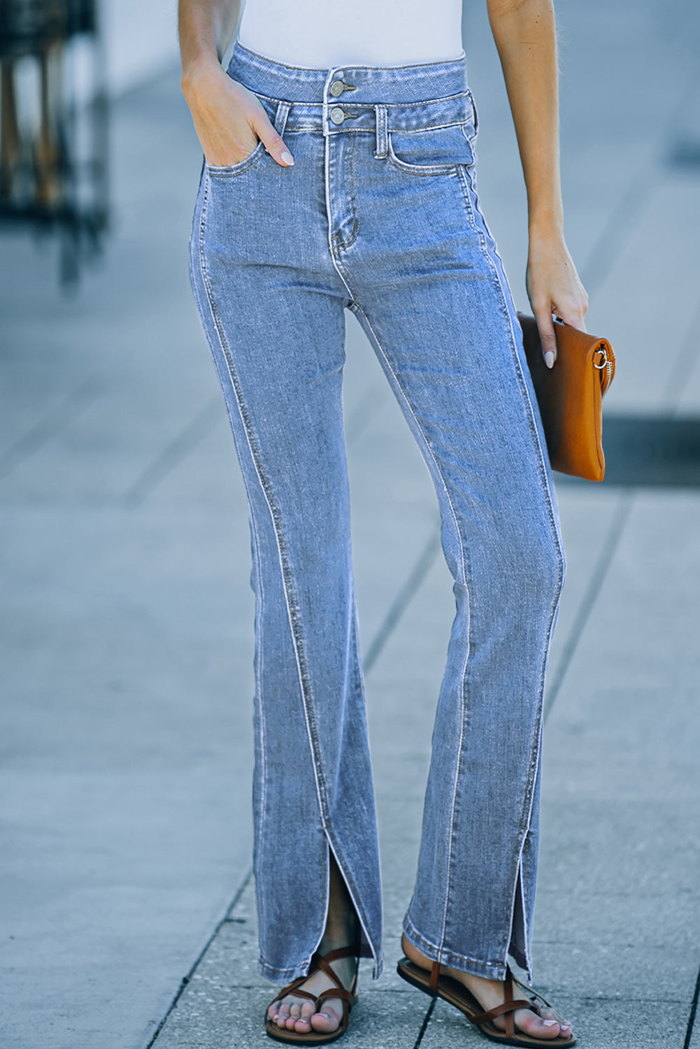 Sky Blue Double Splice High Waist Seam Detail Slit Flare Jeans Jeans JT's Designer Fashion