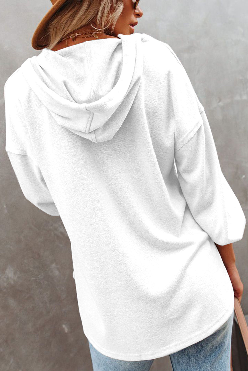 White Buttoned High and Low Hem Hoodie Sweatshirts & Hoodies JT's Designer Fashion