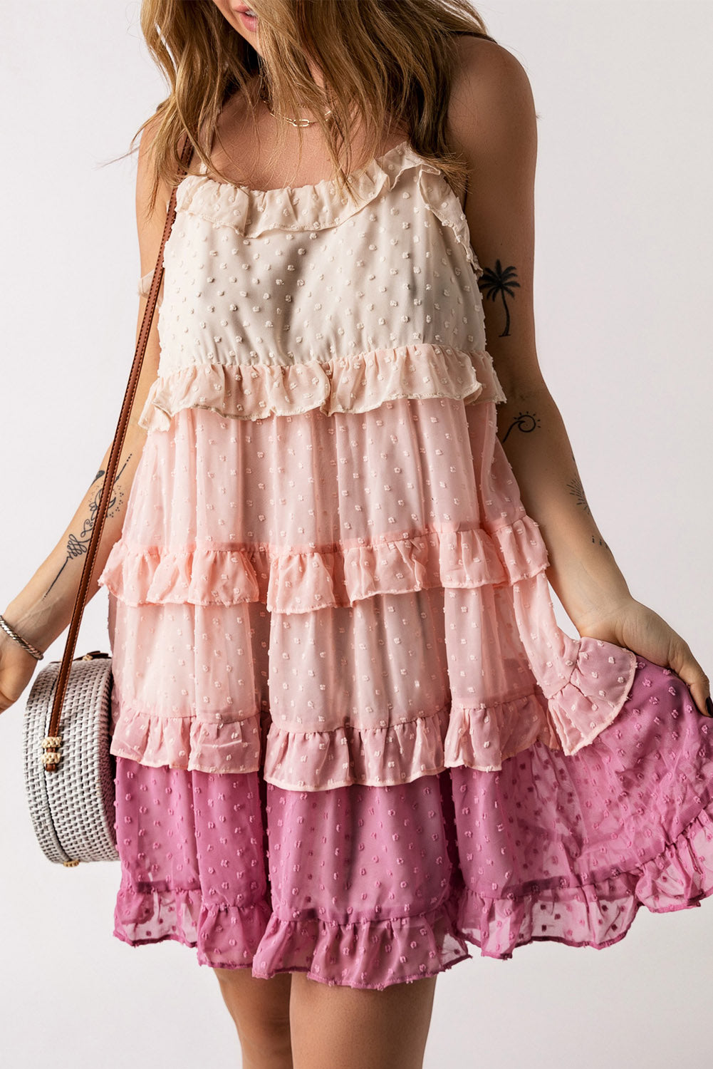 Pink Ombre Swiss Dot Ruffled Tiered Mini Dress Mini Dresses JT's Designer Fashion