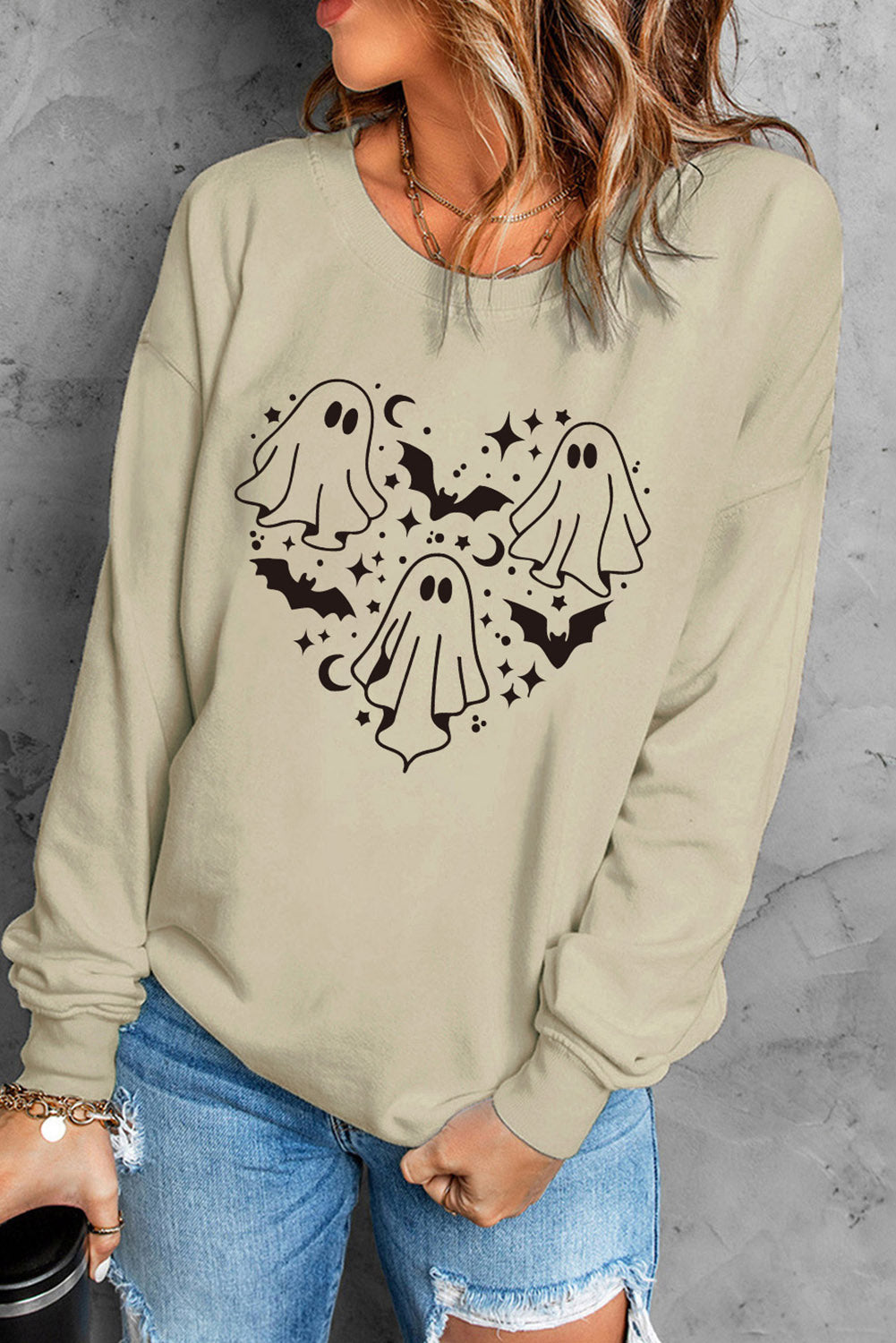 Khaki Halloween Ghosts and Bats Heart-shaped Graphic Sweatshirt Khaki 70%Polyester+30%Cotton Graphic Sweatshirts JT's Designer Fashion