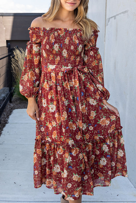Ruby Frilled Shirred Knotted High Waist Floral Dress Dresses JT's Designer Fashion