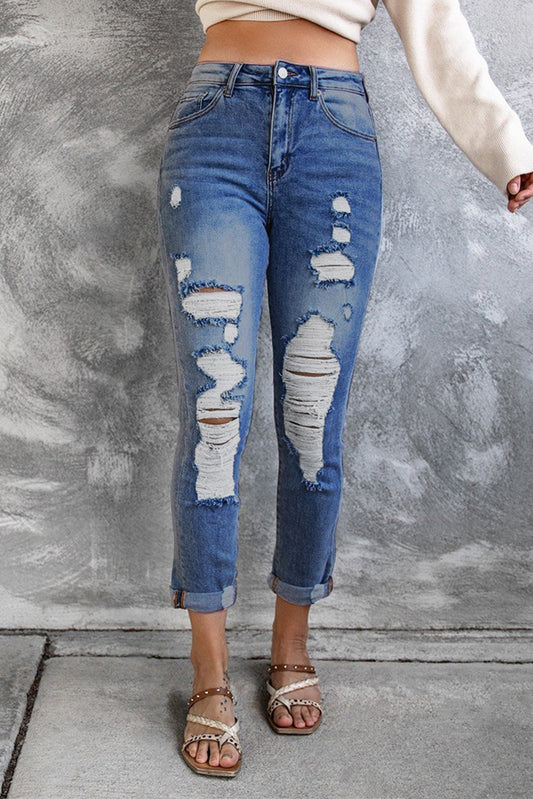 Blue High Waist Distressed Skinny Jeans Blue Jeans JT's Designer Fashion