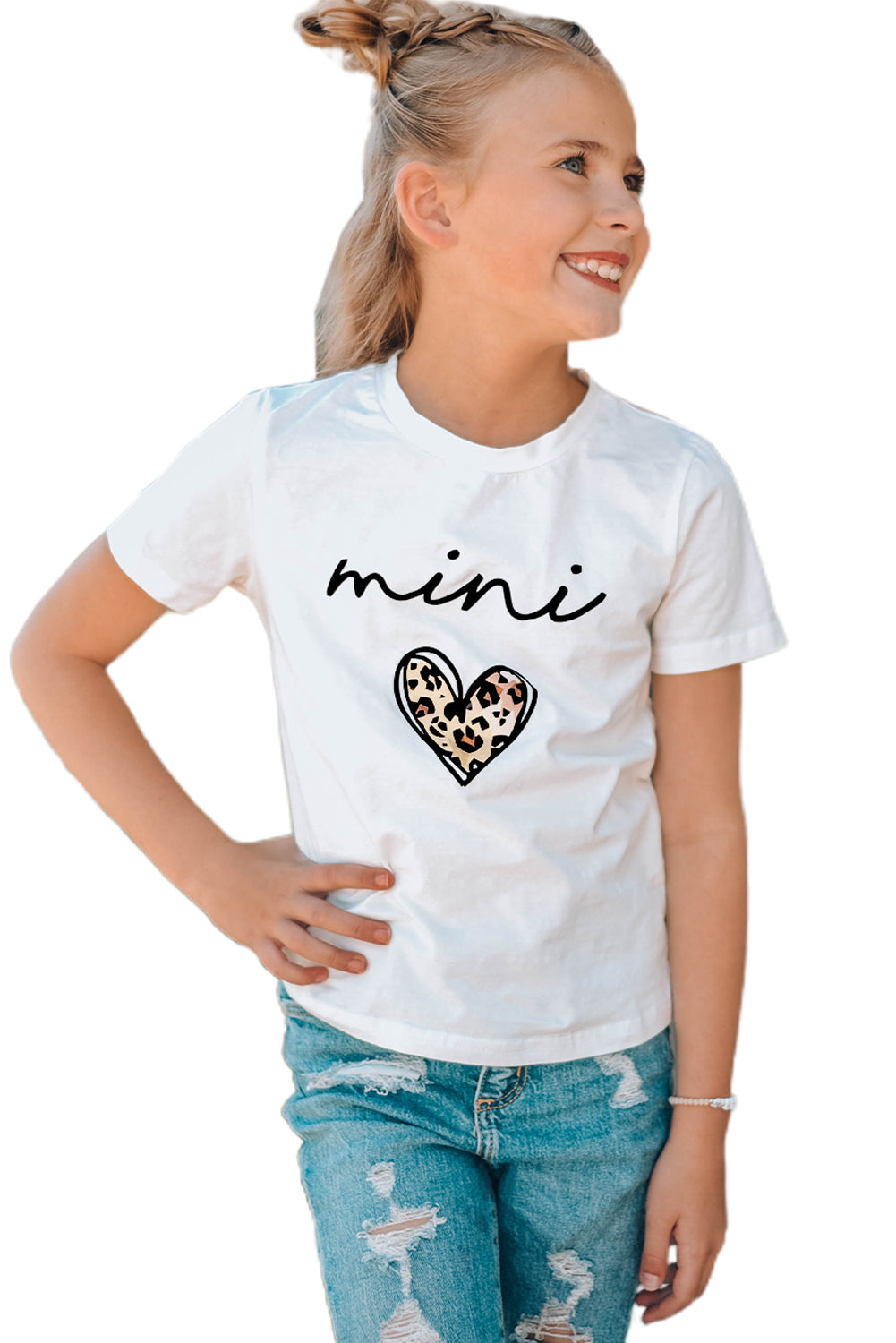 White Family Matching Girl's Mini Leopard Heart Print Short Sleeve Graphic Tee Family T-shirts JT's Designer Fashion