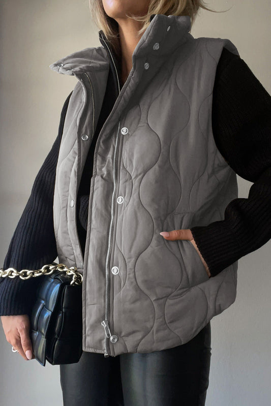 Dark Grey Textured Button Zipped Vest Jacket Outerwear JT's Designer Fashion
